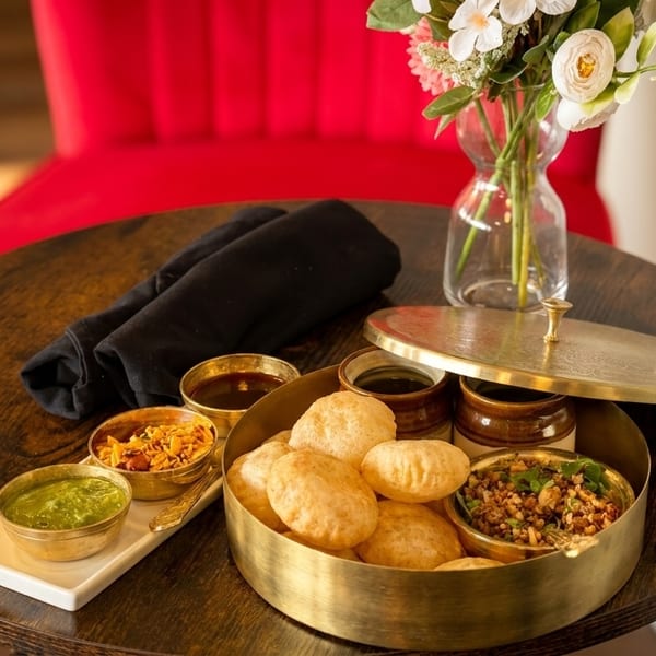 Pani Puri, a popular Indian street food, served in a brass container on a wooden table.