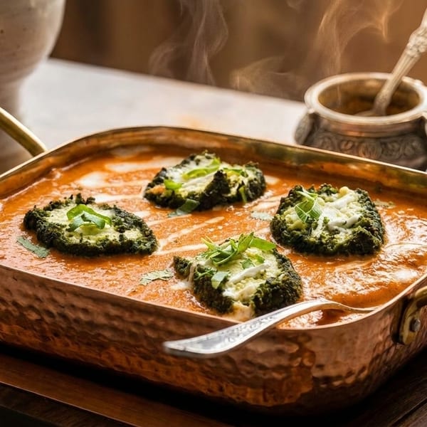 Steaming copper pan of orange curry with four green broccoli and cheese patties.