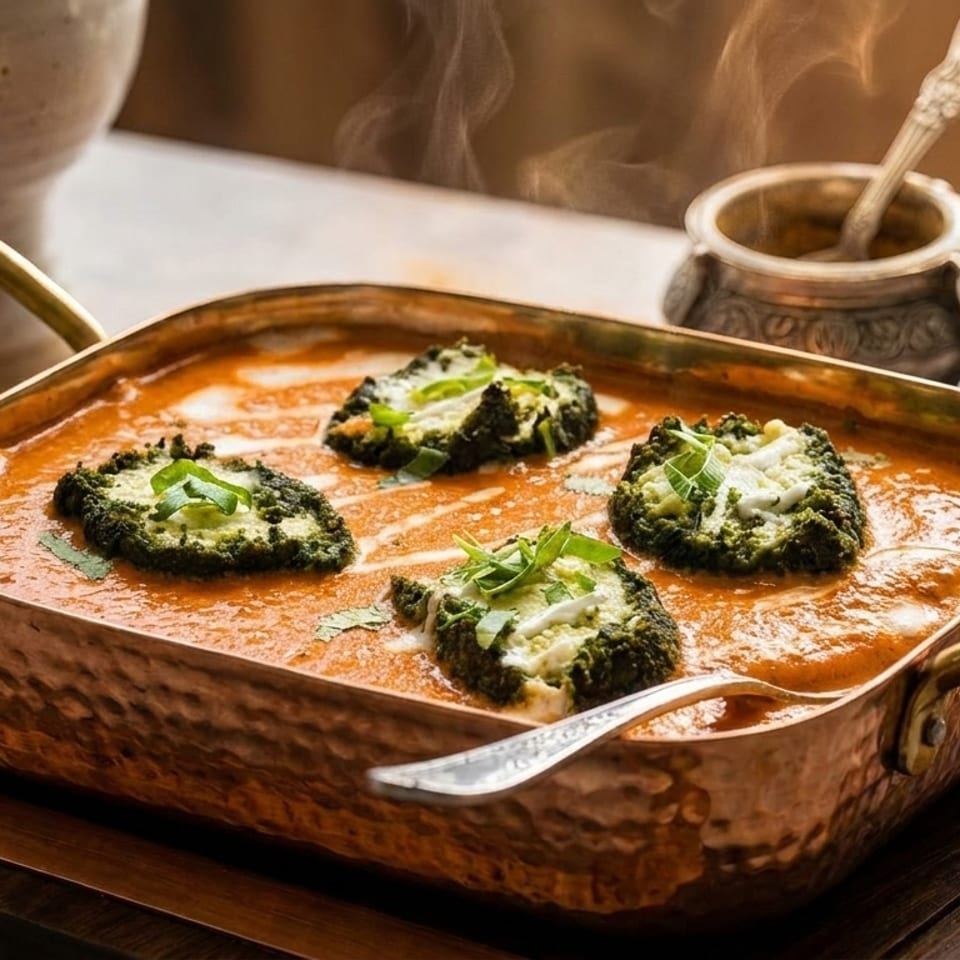 Steaming copper pan of orange curry with four green broccoli and cheese patties.