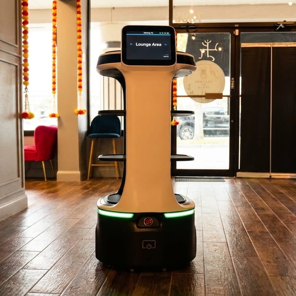 A tall, white and black service robot with a screen displaying "Lounge Area" stands on a wooden floor.