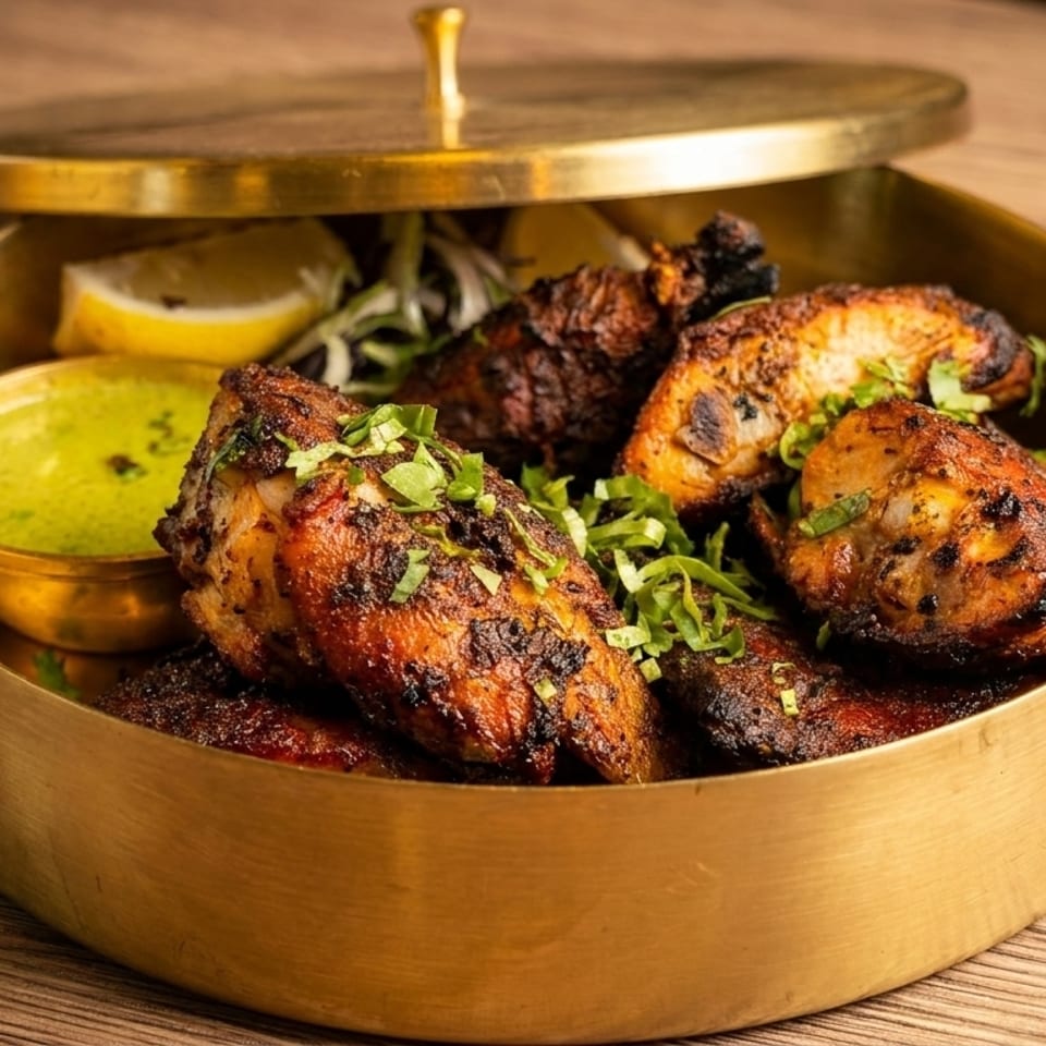 Golden bowl of grilled chicken pieces with green sauce, lemon wedges, and herbs on a wooden table.