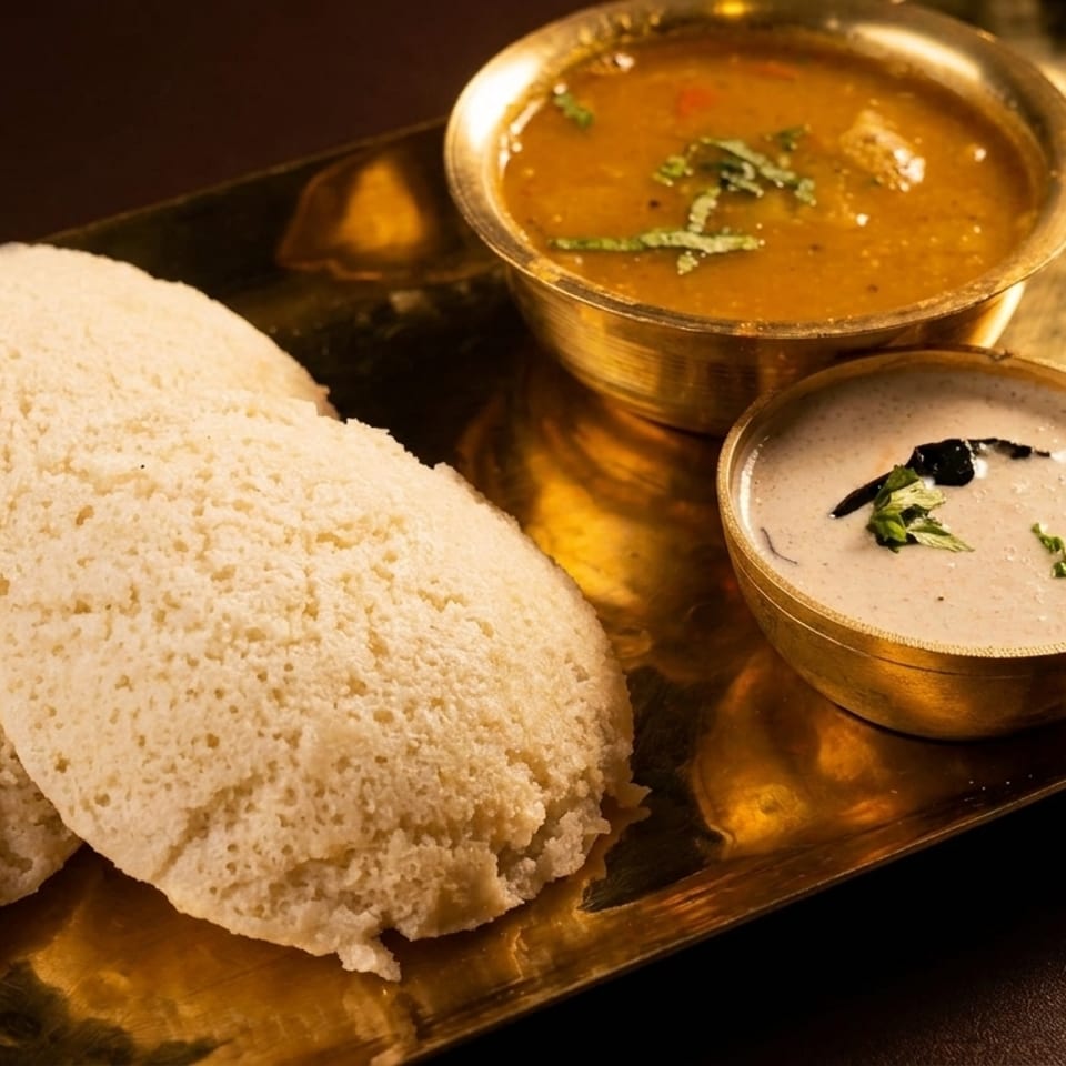 Three fluffy idlis with sambar, coconut chutney, and tomato chutney in brass bowls on a golden tray.