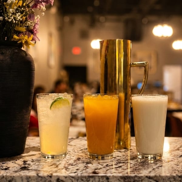 Three drinks, a gold pitcher, and a vase of flowers on a marble counter in a restaurant.